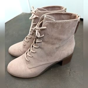 Light Pink Mauve Suede 7M Lace Up Heeled Booties